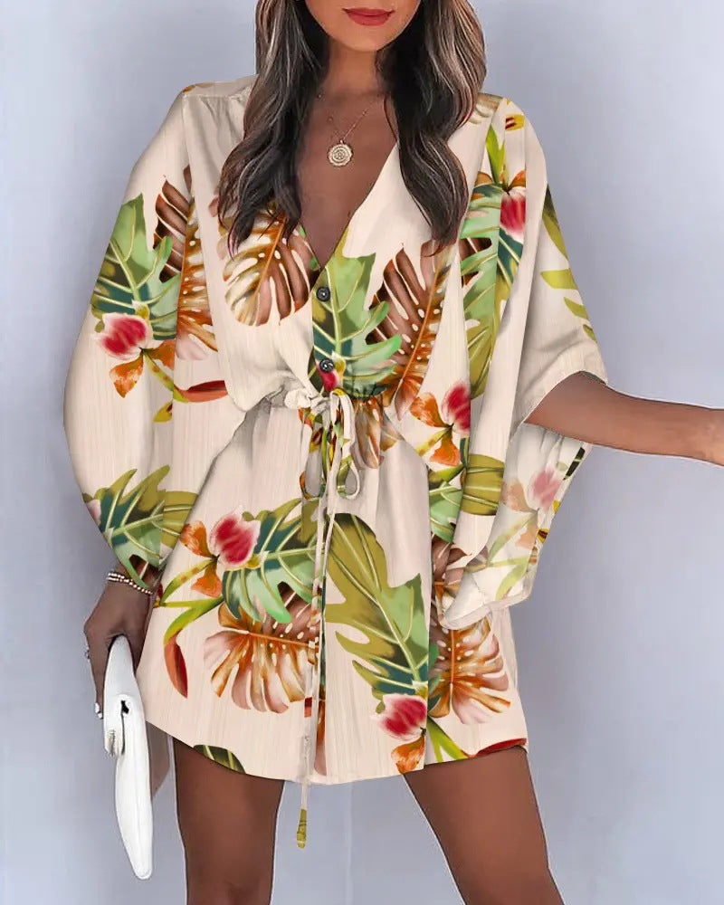 Fashion New Printed Shirt Dress Deep v neck Half Neck Vacation Dresses