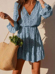 Casual Print V neck Mandarin sleeve Skater Dresses