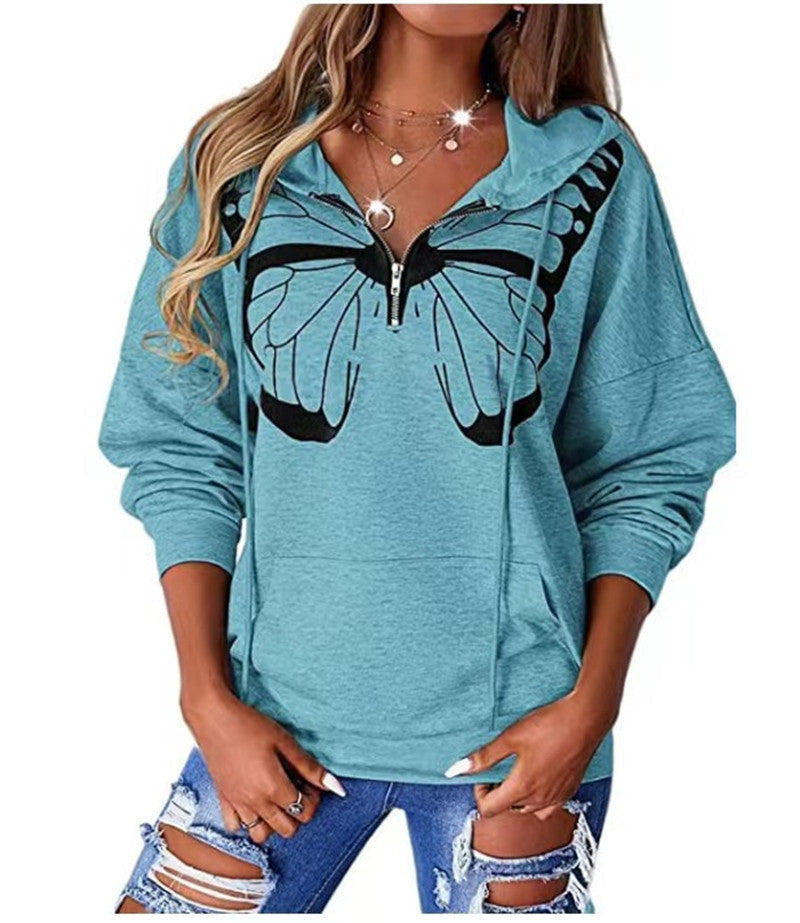 Butterfly Printed Pocket Hooded Loose Sweatshirts Hoodies