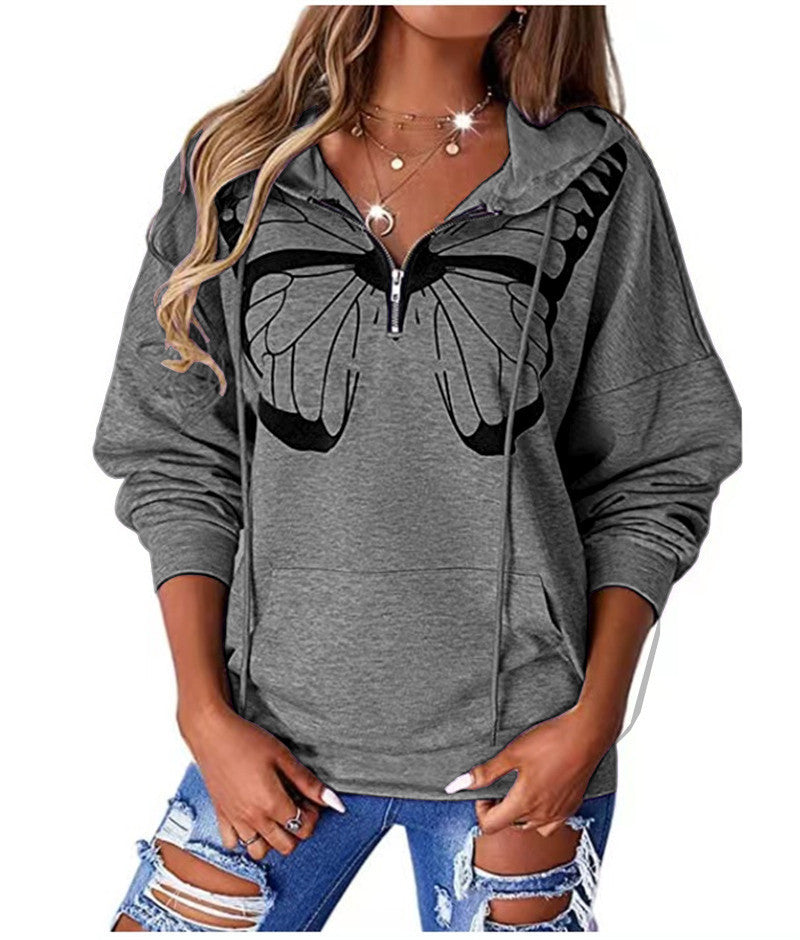 Butterfly Printed Pocket Hooded Loose Sweatshirts Hoodies