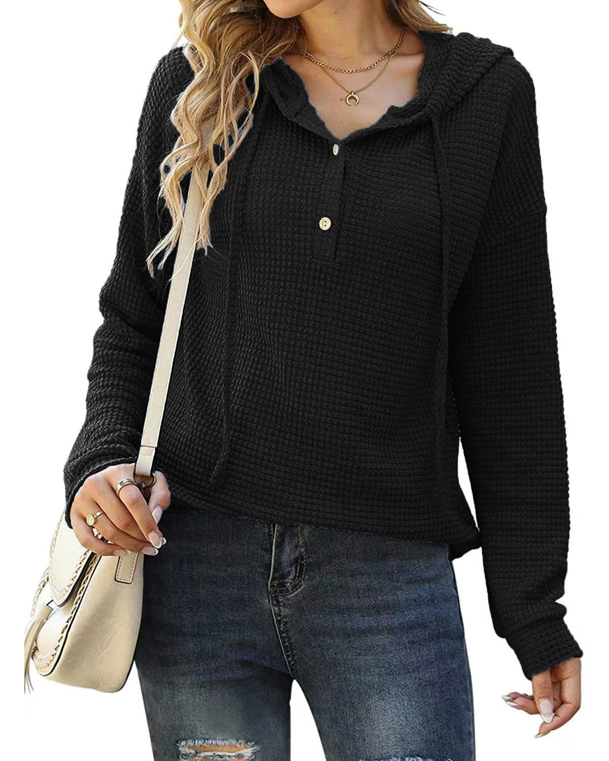 Loose Sports Knit Long Sleeve Button Hooded Sweatshirts