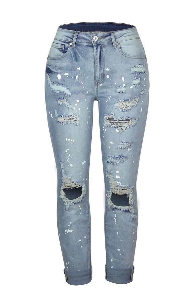 Basic fashion hole design denim jeans long pants