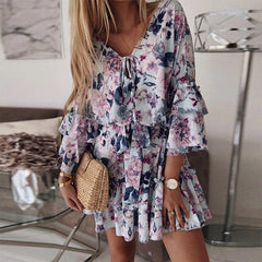Chiffon Pullover Show Thin Floral Mid Waist Skater Dresses