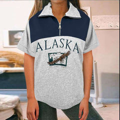 Casual Gored Word print Zipper Lapel Short sleeve T-Shirts