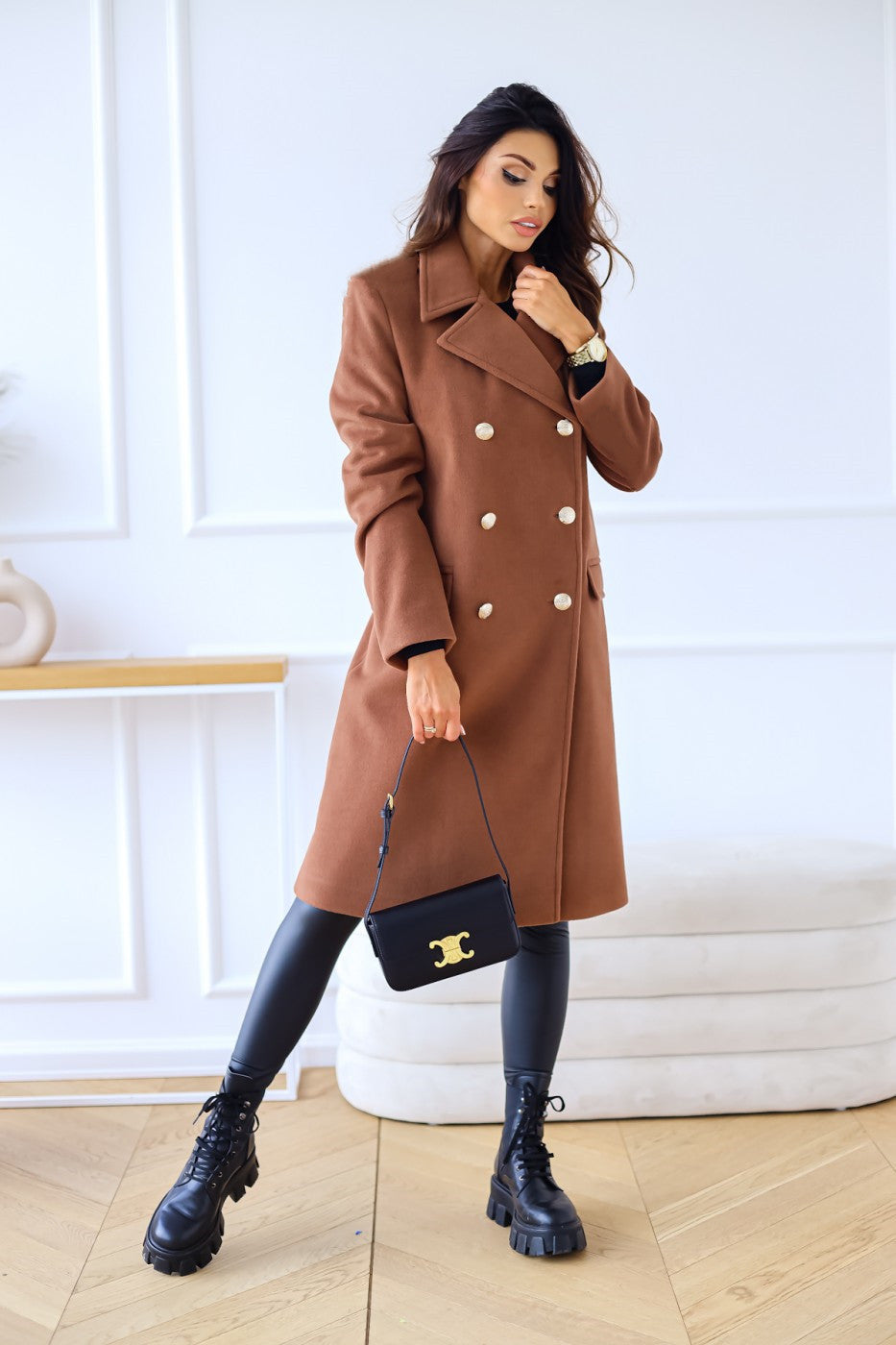 Simple long-sleeved big lapel double-breasted long coats