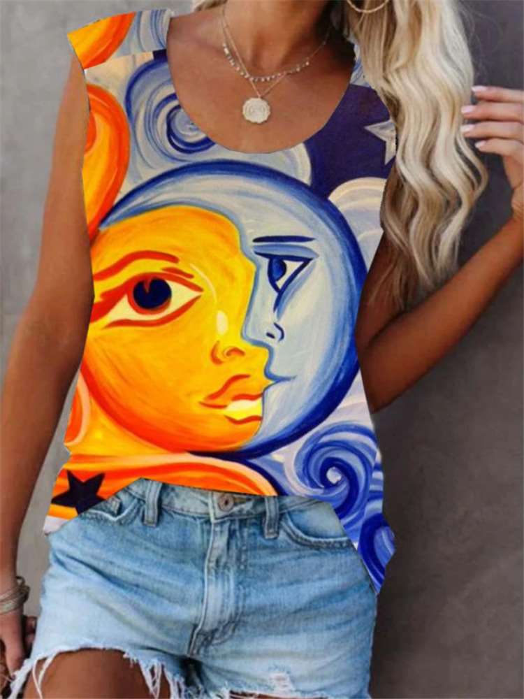Casual  Abstract printing Round neck Sleeveless T-Shirts