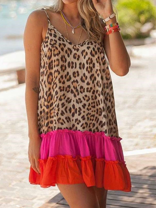 Casual Loose Leopard print V neck Sleeveless Gored Falbala Shift Dresses