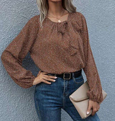 Fashion Point print Bowknot Round neck Long sleeve Blouses