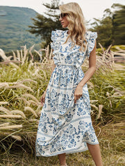 Fashion Casual Floral print Round neck Sleeveless Falbala Maxi Dresses