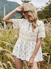 Casual Loose Print Round neck Lacing Short sleeve T-Shirts
