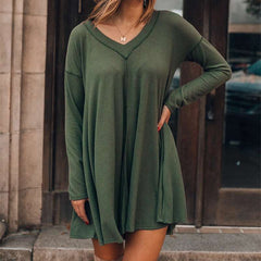Casual Loose Pure V neck Long sleeve Shift Dresses