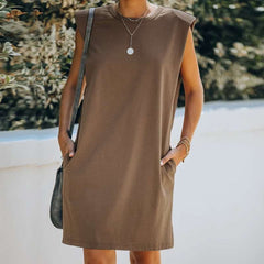 Casual Pure Round neck Sleeveless Pocket Shift Dresses