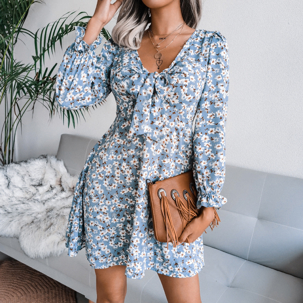 V neck women printed long sleeve fashion skater dresses