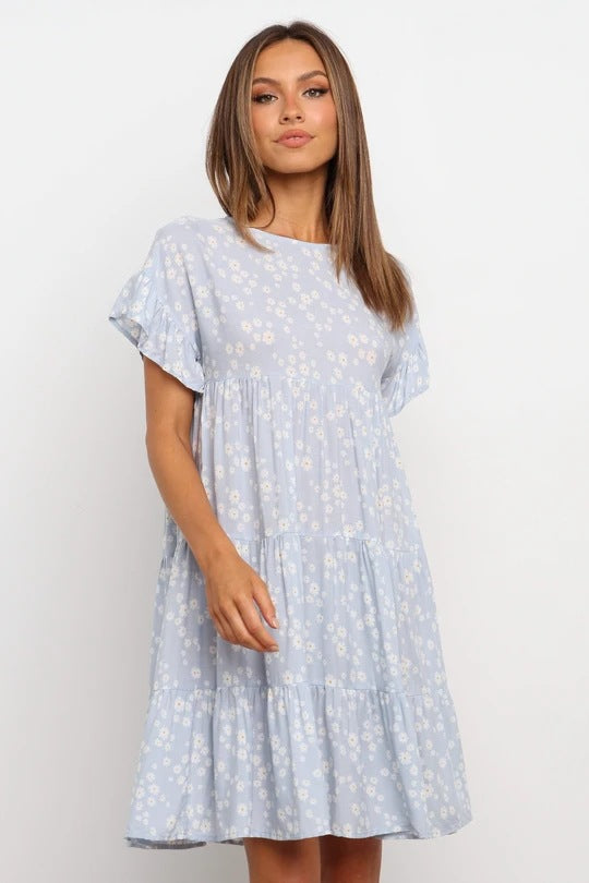 Short Sleeve Crew Neck Printed Pleated Dress