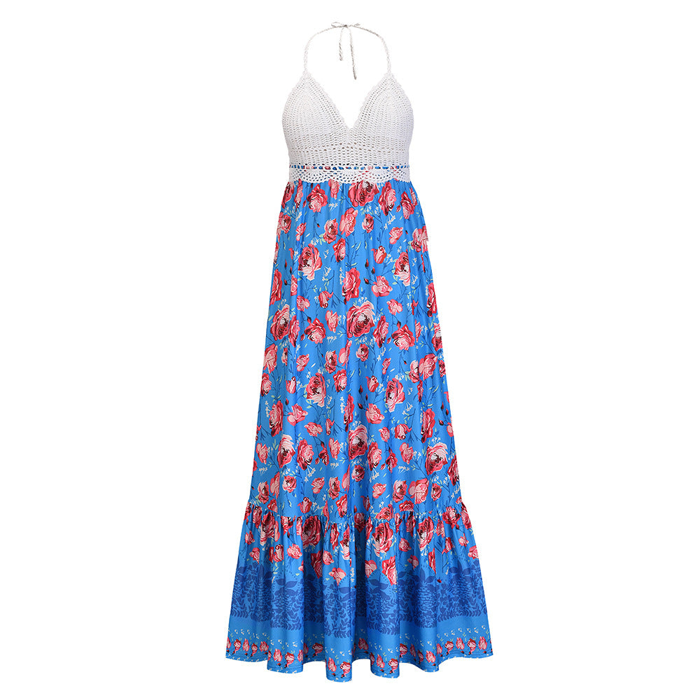 Vacation beach wearing printed halter neck women sleeveless long dresses