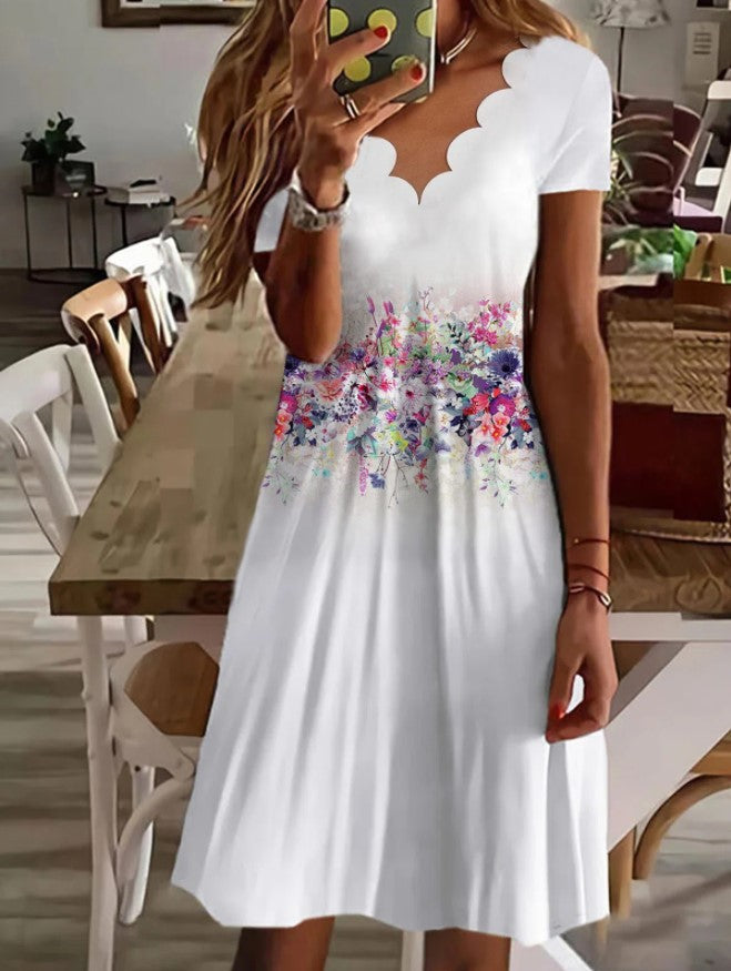 Scallop Neck Floral Vacation Midi Dresses