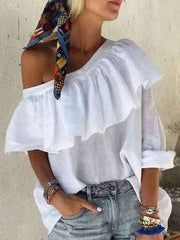 Casual Pure Falbala One shoulder Single sleeve T-Shirts