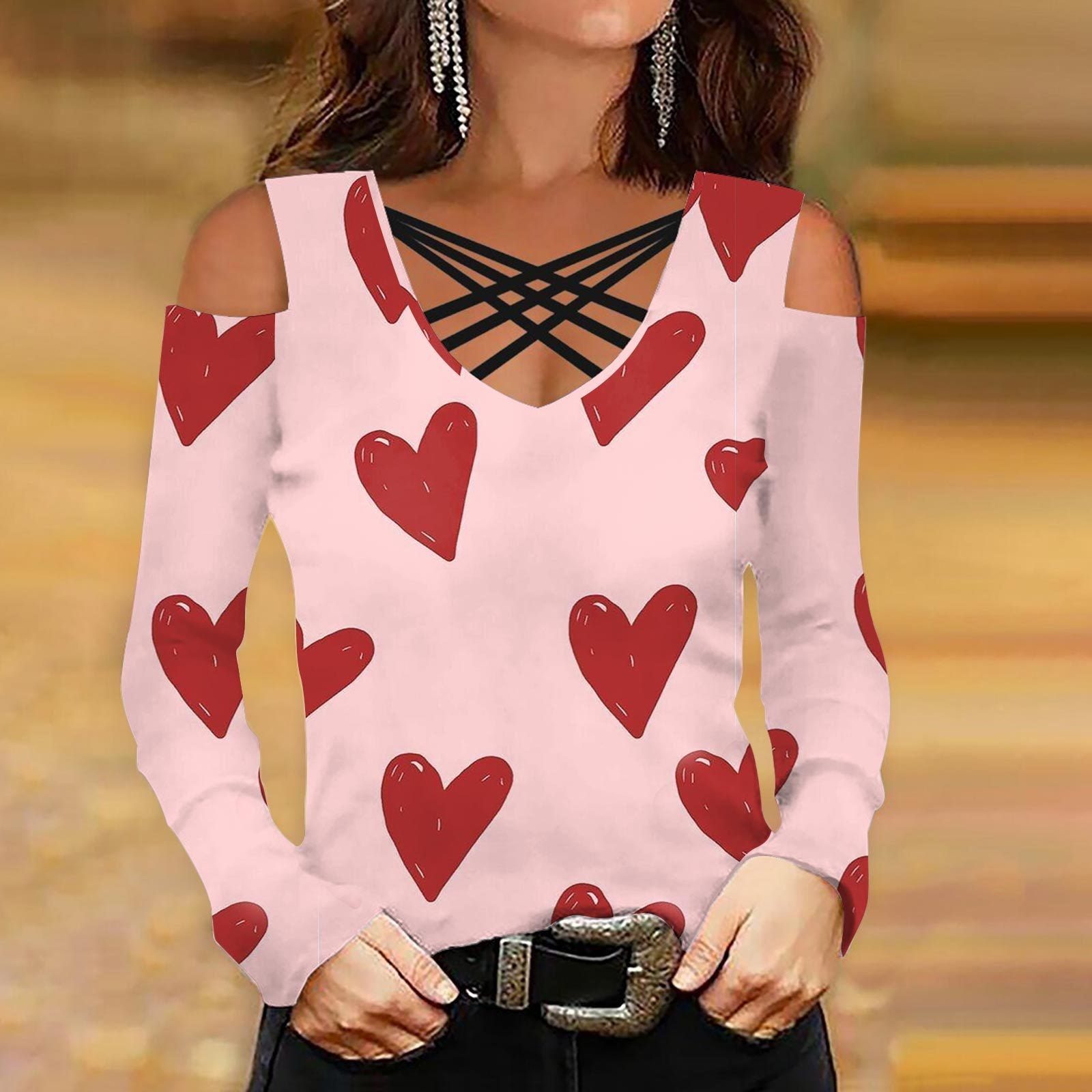 Woman Cross-strap off shoulder long-sleeve Valentine's Day printed T-shirts