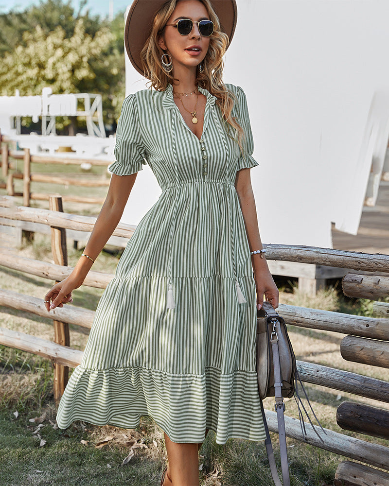 Chic stripe women v neck high waist Skater Dresses