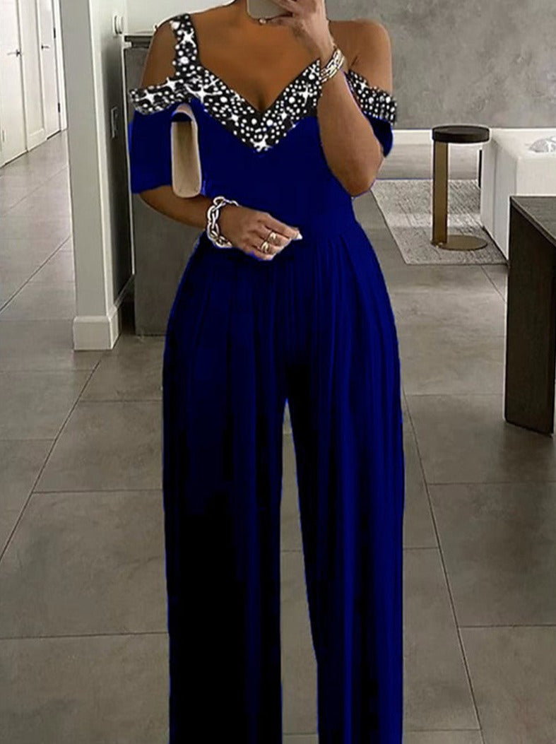 V neck off shoulder women wide-leg jumpsuits