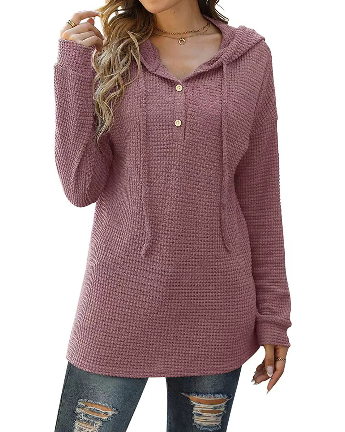Loose Sports Knit Long Sleeve Button Hooded Sweatshirts