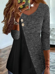 V-neck color block button long-sleeved solid color T-shirts Top