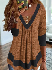 Solid color stitching v-neck long sleeve women's T-shirts