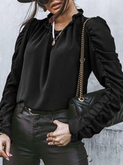 Pure Plicated Round neck Long sleeve Blouses