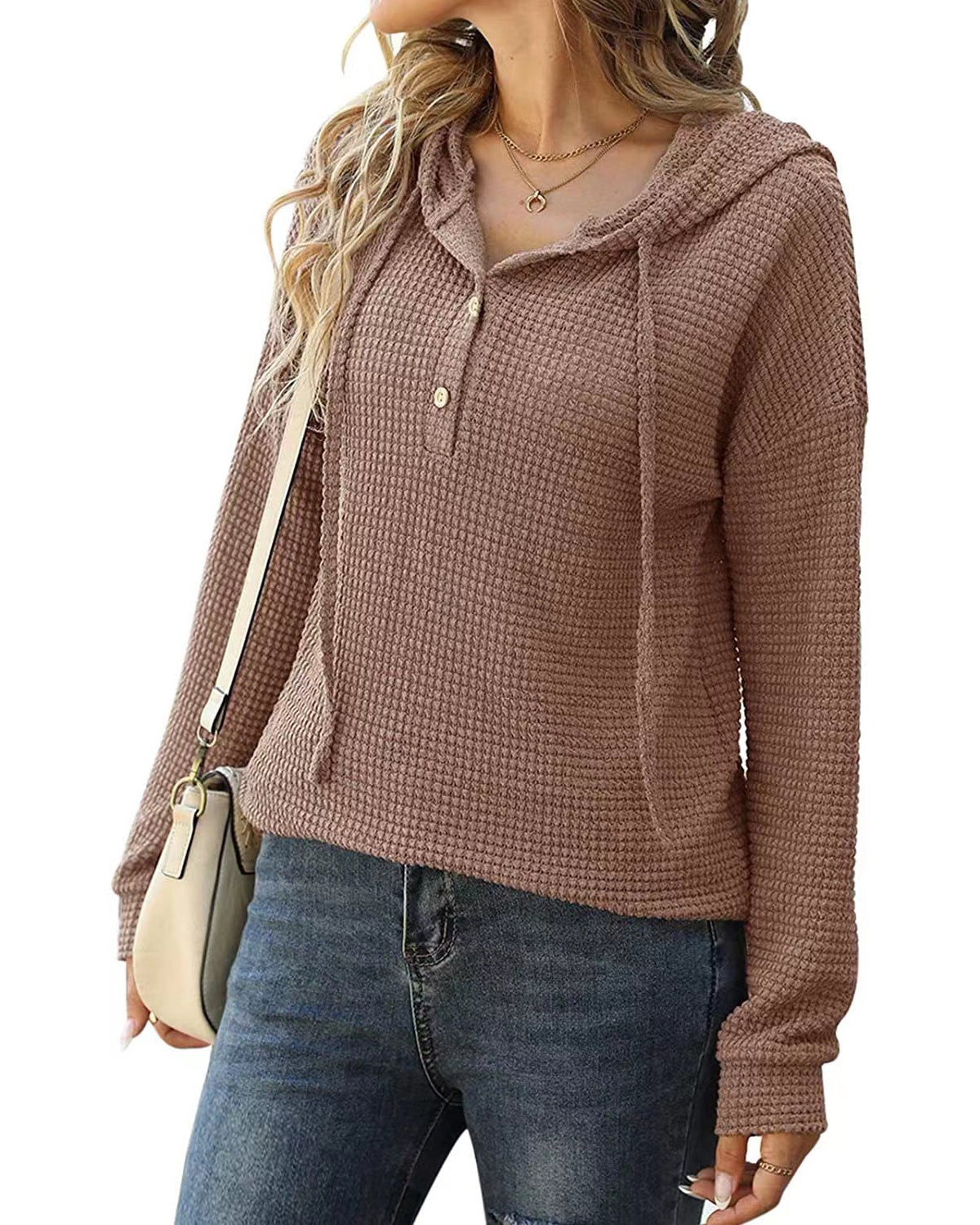 Loose Sports Knit Long Sleeve Button Hooded Sweatshirts