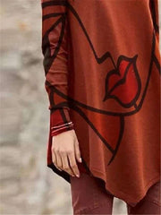 Fashion Retro print High collar Long sleeve Irregular T-Shirts