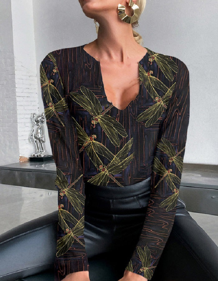 V-Neck Slim Print Long Sleeve Top Blouses