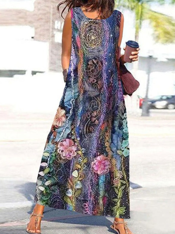 Crew neck printed tank long maxi dresses