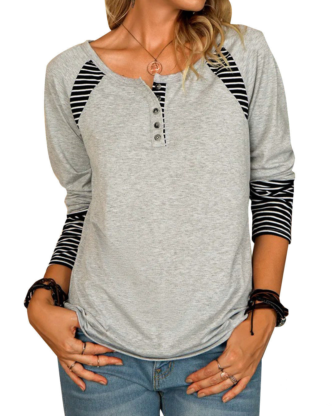 Fashion Long Sleeve Printed Stripe Casual T-Shirts Top