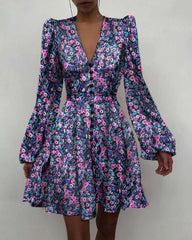 Elegant Fastener V neck Long sleeve Skater Dresses