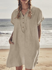 Daily casual comfy Turn down neck plain button shift dresses