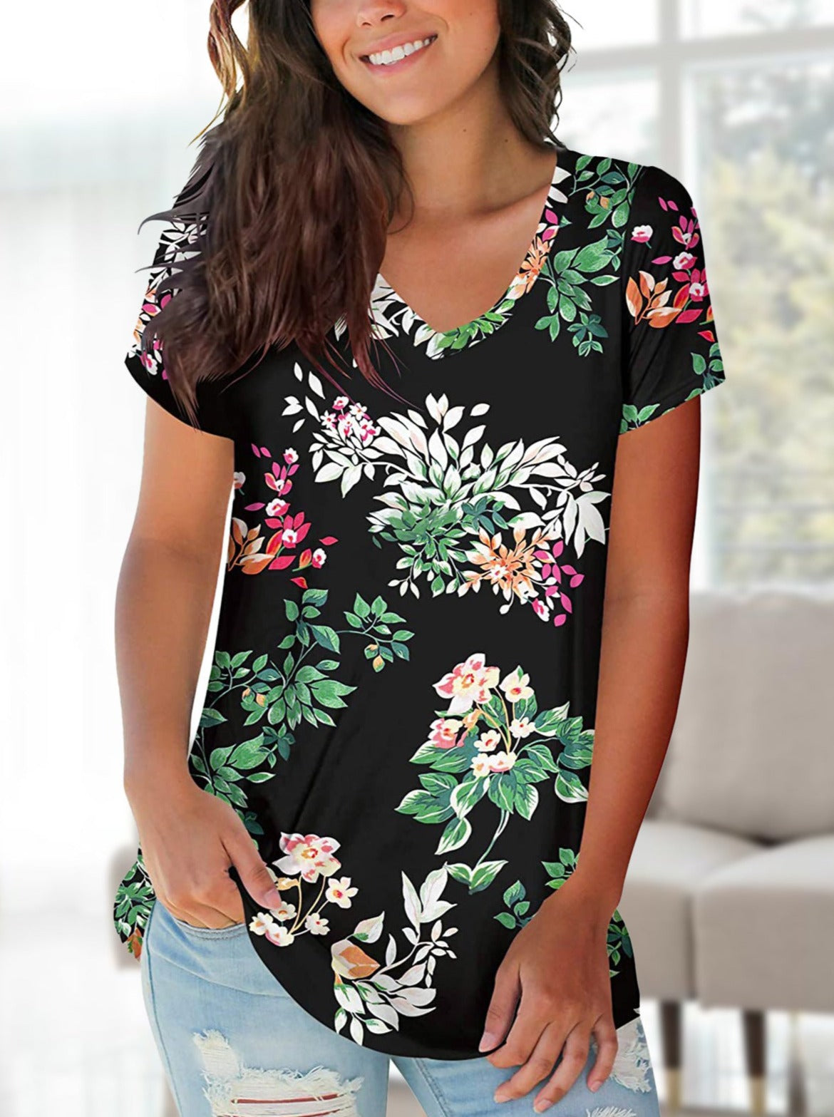 V neck printed fashion daily T-shirts