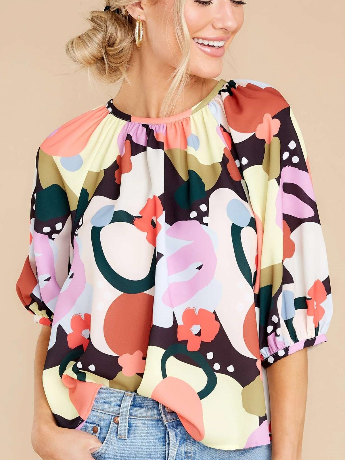 Casual Floral print Round neck Half sleeve Blouses