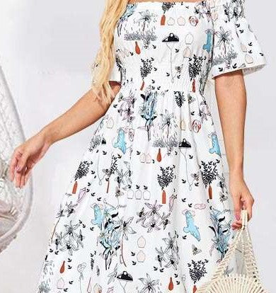 One shoulder Short sleeve Floral print Skater Dresses