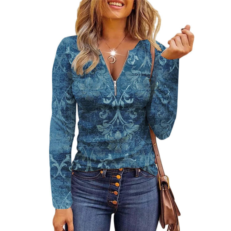 Women Long Printed Zip V Neck Top T-shirts