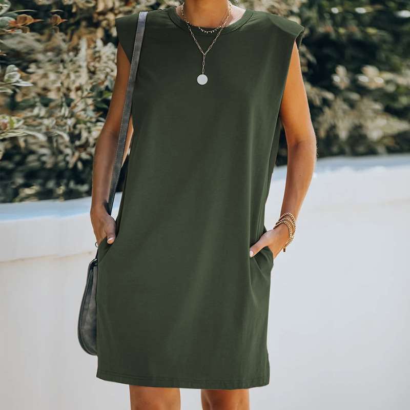 Casual Pure Round neck Sleeveless Pocket Shift Dresses