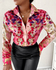 Fashion new printed Turn down neck long sleeve button blouses