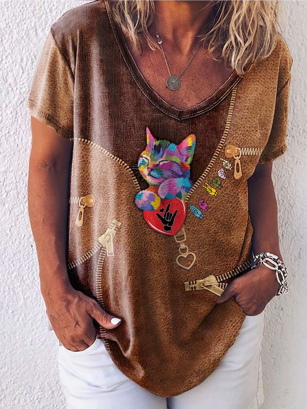 Casual Loose Gored Cartoon print Round neck Short sleeve T-Shirts