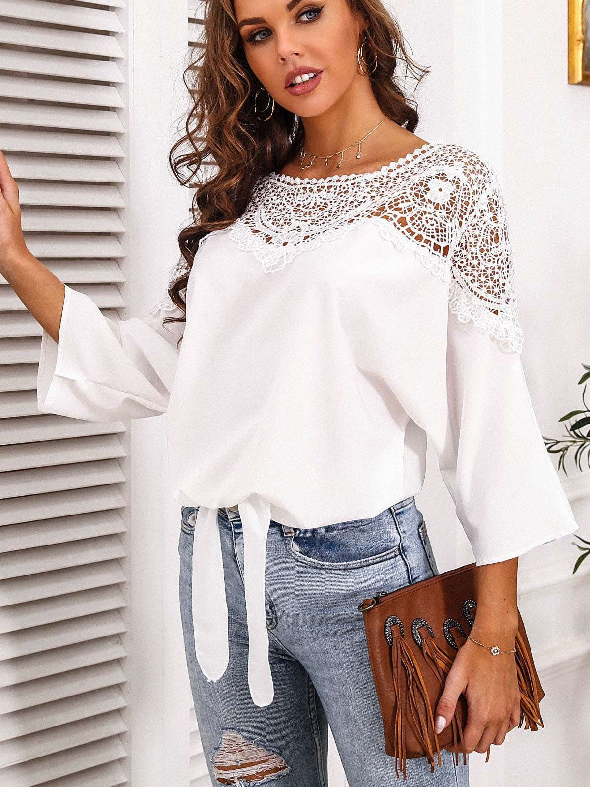 Casual Lace Hollow out Round neck Three quarter sleeve T-Shirts