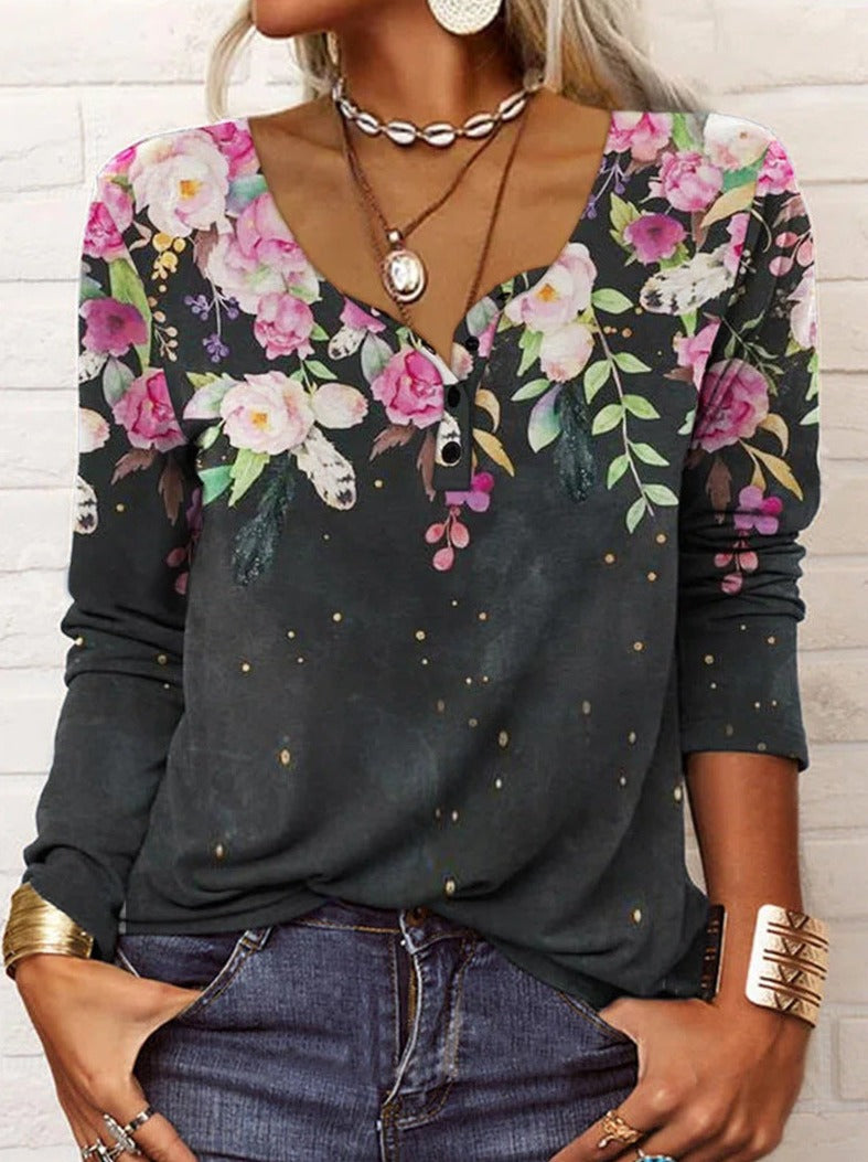 Button style printed fashion long sleeve spring t-shirts