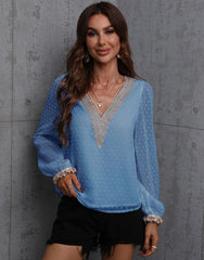 V neck Long sleeve Lace Pure chiffon Blouses for working day