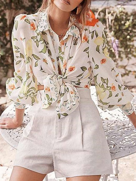 Fashion Casual Floral print Lapel Long sleeve Blouses