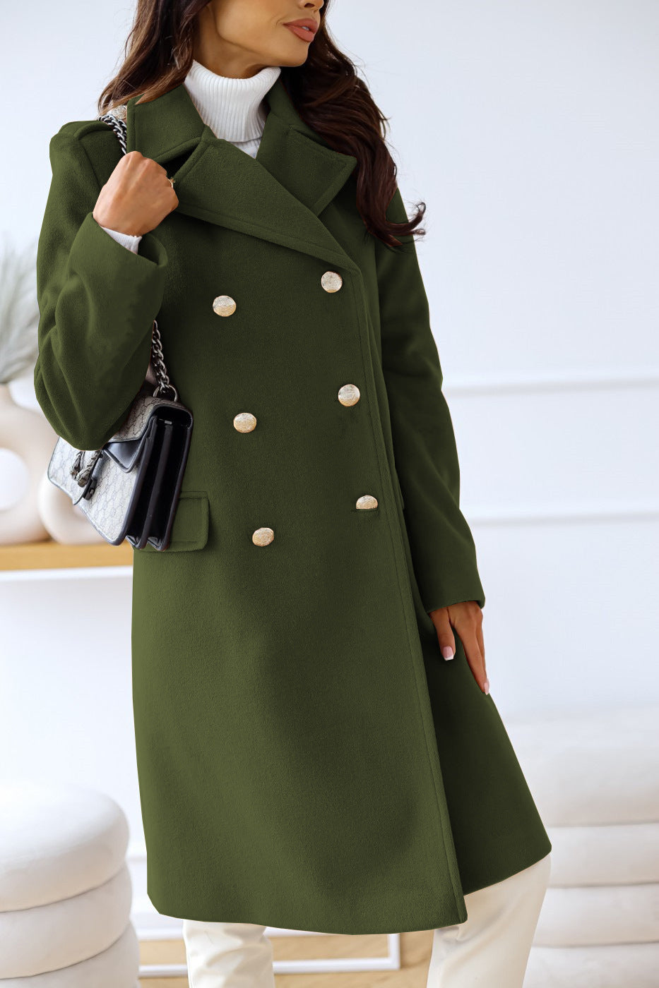 Simple long-sleeved big lapel double-breasted long coats