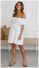 Casual Loose Point print One shoulder Short sleeve Shift Dresses
