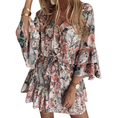 Chiffon Pullover Show Thin Floral Mid Waist Skater Dresses