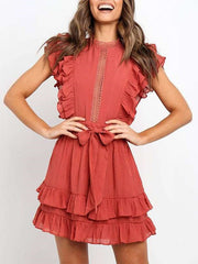 Fashion Pure Hollow out Round neck Sleeveless Lacing Falbala Skater Dresses